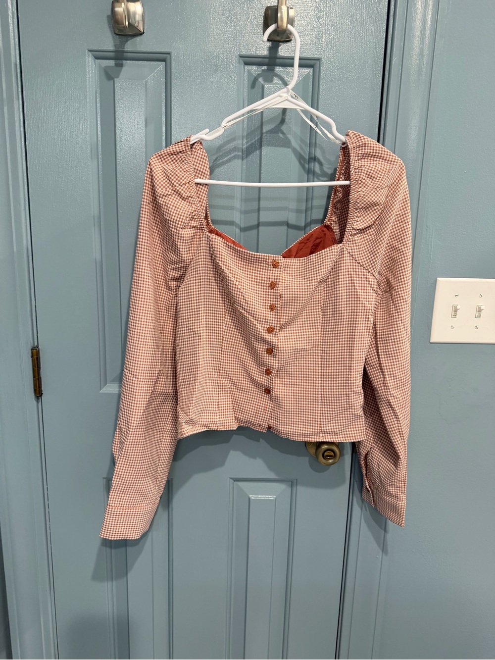 Lulu's Rust and Cream Checked Button-Front Square Neck Blouse - Picture 1 of 2